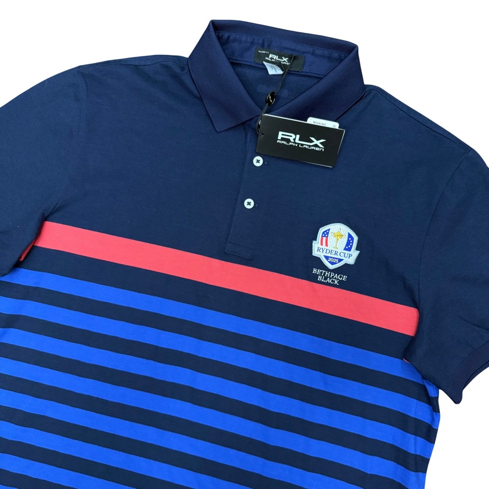 RLX Ralph Lauren Polo Mens Large Navy Blue Ryder Cup 2025 Bethpage Black Striped